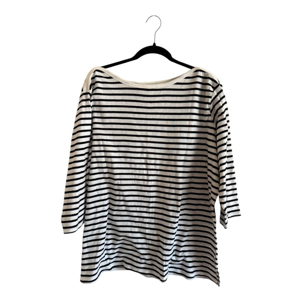 White Stag Woman 22/24W Black White Striped 100% Cotton Top Boat Neck 3/4 Sleeve